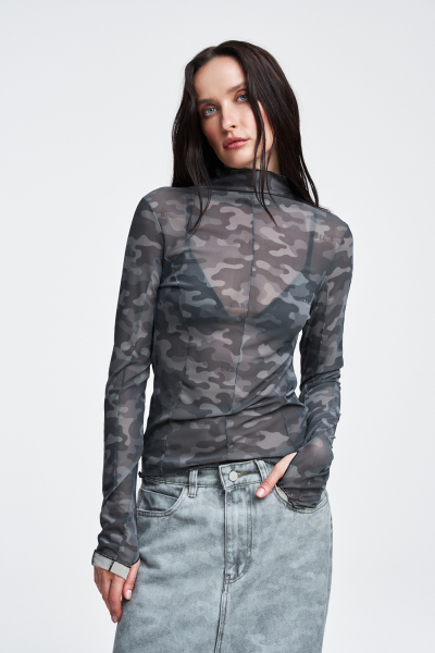 Лонгслив из сетки в паттерн Label .B, цвет: хаки  | новая коллекция купить онлайн